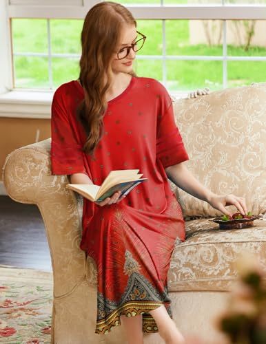 Image of Ekouaer Long Nightgown, Womens V Neck Loungewear Oversized Sleepwear Loose Sleep Dress S-4XL