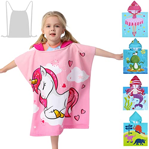 Image of Kids Hooded Poncho Towel for Girls, Toddlers Bath Beach Pool Swim Towels with Hood Cover-ups Swimwear (3D Unicorn with Bag)