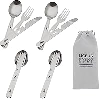 MCEUS 4-in-1 Camping Utensils Set for 4 - Portable Stainless Steel Spoon Fork Knife Bottle Opener with Carrying Bag for Hiking Picnic Travel