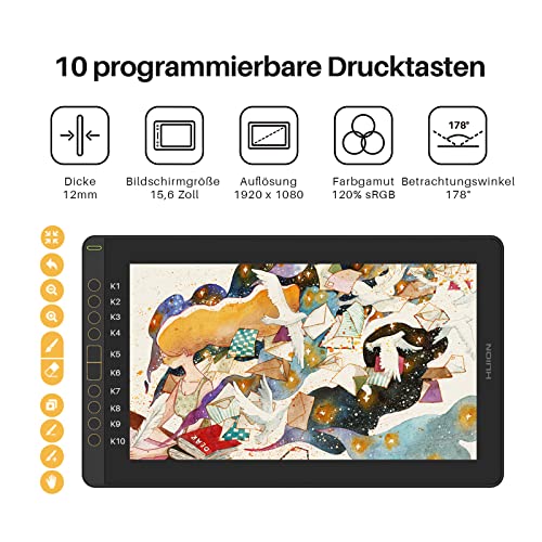 HUION Kamvas 16 Grafiktablett mit Display, 15,6 Zoll,8192 Stufen Batterieloser Stift, 10 Tasten...