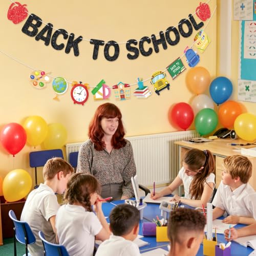Image of Glitter Back to School Banner First Day of School Garland Colorful Glittery Pencil Apple Classroom Decorations for Teacher Preschool Classroom Office Home Decor Photo Backdrop Party Favors