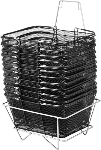 12Pcs Schwarzer Draht-Einkaufskorb mit faltbaren Griffen, stapelbarer Metallwagen für Supermarkt-Lebensmittelwäscherei, langlebiges 44Lbs-Kapazitäts-Set mit Organizer-Ständer