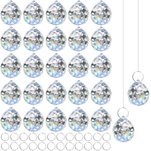24Pack Kristall Sonnenfänger, 0.94"/24 mm Kristalle zum Aufhängen, Kristalle Deko Anhänger, Lichtfänger für Fenster, Kronleuchter, Feng Shui & Geschenk (Clear)