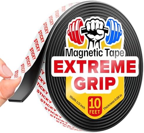 Super Sticky Magnetic Tape (10 feet x 0.5 inch) - Stong Magnet Strip with Adhesive Backing for DIY & Crafts - Easy to Cut and Mount on Fridges, Whiteboards & More