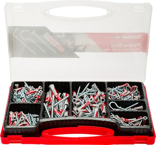 Fischer PowerBox 180 Dübel DuoPower mit Schrauben und Haken, für Vollwand, gebohrt und Gipskarton, 360 Stück, 564282