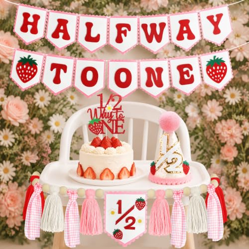 Image of 1 /2 Birthday Girl Decorations, Pink Strawberry Half Way to One Banner Set | Felt banner;wooden cake topper;1 /2 hat;baby girl 6 month party