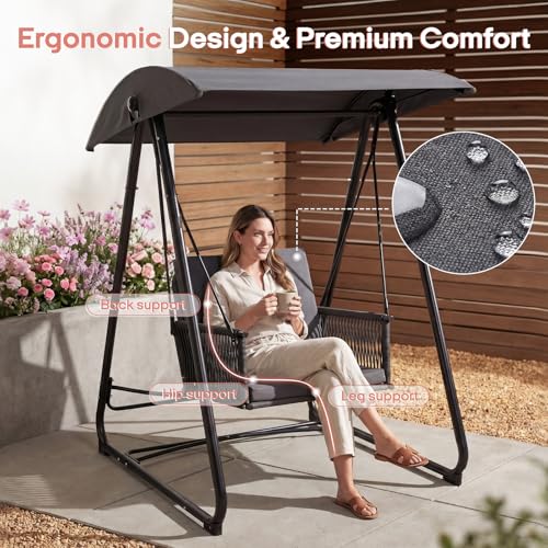 Image of Patio Swing with Adjustable Canopy, Single Seat Grey | Patio Swing with stand Heavy-Duty Triangular Frame Backyard / Porch / Lawn Grey Garden Swing