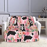 Border Collie Florals Cute Pink Flowers Sherpa Throw Blanket Super Soft Lightweight Microfiber...