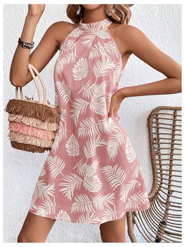 Floerns Women's Tropical Print A Line Halter Dresses Sleeveless Vacation Short Dress4