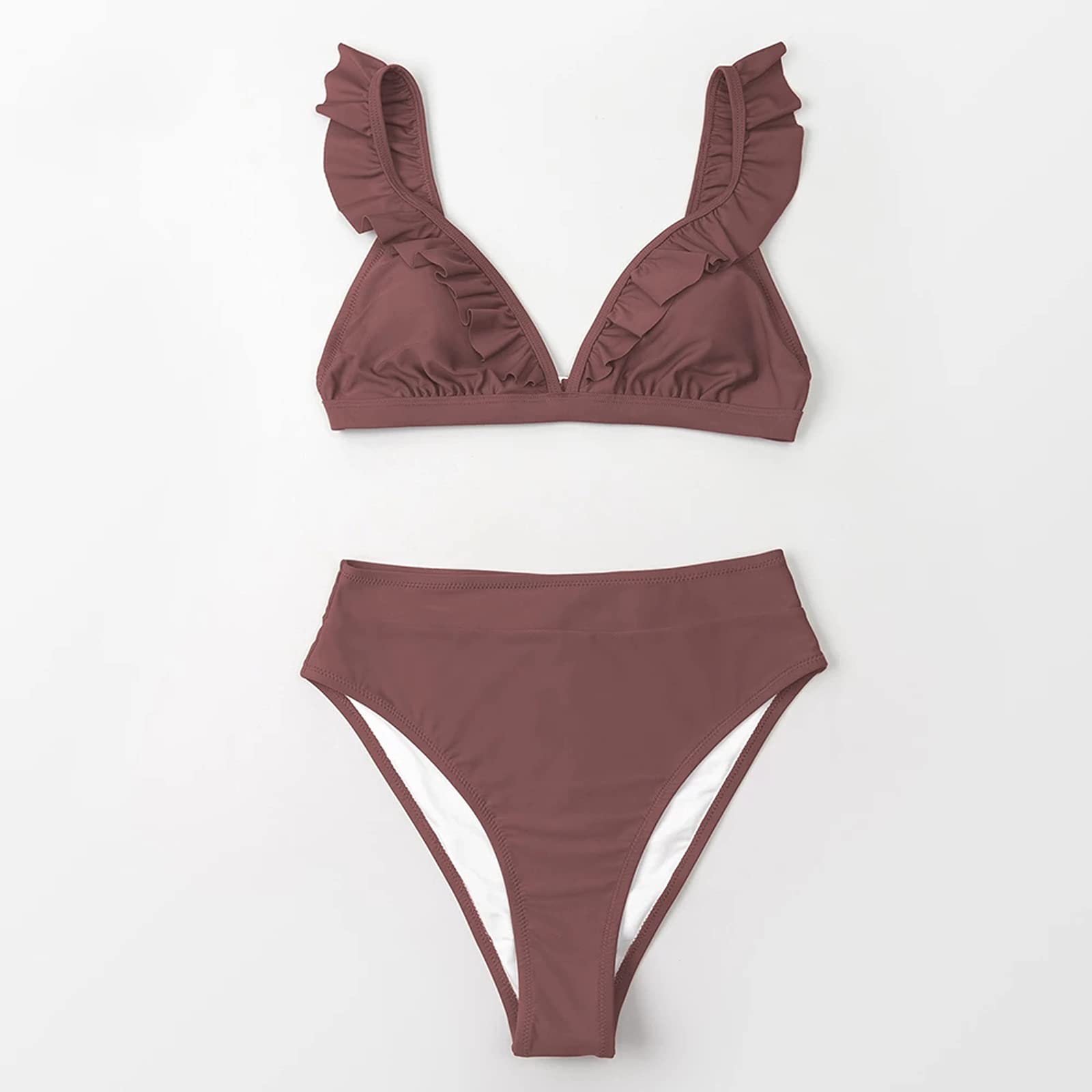 Dwuczęściowy strój kąpielowy V-neck Potargane zestawy Bikini z wysokim stanem Strój kąpielowy Kobiety Seksowny solidny brązowy Dwuczęściowy strój kąpielowy Nowe plażowe kostiumy kąpielowe Bikini Set (A XXL)