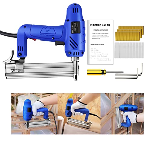 Heavy Duty Corded Electric Staple Nail Gun 2 in 1 Brad Nailer, 1750W Wood Leather Tacker Max.6pcs/Sec, Multifunction Nail Gun for Fence Panels, 25 X 21.5x5 cm, Blue