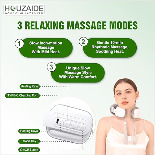 Image of HOUZAIDE WORLD OF WELLNESS & CARE Battery Powered Neck And Shoulder Massager For Neck, Shoulder And Migraine Pain Relief | 6D Massage Device With Heat & Kneading | Holi gift options,Cream