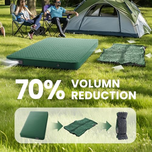 Image of Double Self Inflating Sleeping Pad with Electric Pump - 4 inch Ultra-Thick Memory Foam Camping Mattress for 2 Person, Portable Outdoor Air Camp Mat Gear for Tent Car Truck Travel Hiking (Green)