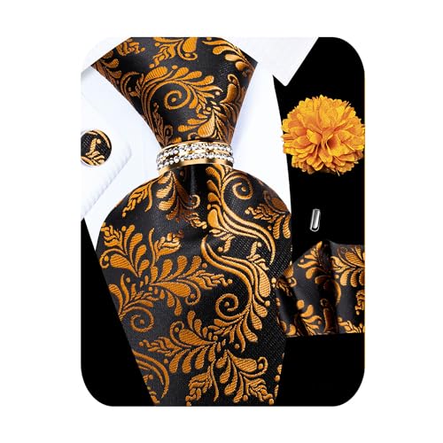 Image of 5PCS Mens Silk Tie, Pocket Square, Cufflinks, Drilled Tie Ring and Lapel Pin Set for Wedding Groom Party