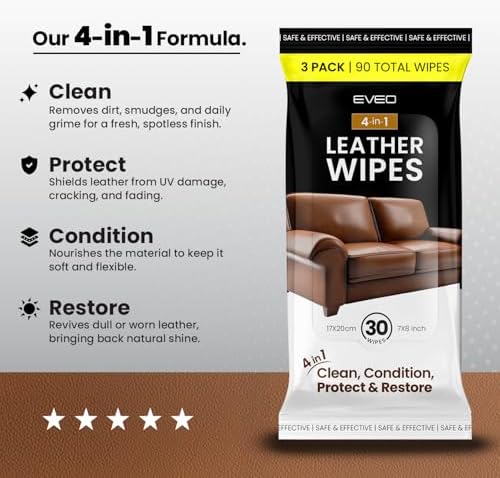 EVEO Leather Cleaner Wipes 4-in-1 Leather Cleaner and Conditioner for Furniture - Leather Couch Cleaner, Car, Shoes & Purses – UV Protection, XL Moistened Wipes Restore & Protect – 3 Pack (90 Total) — view 5