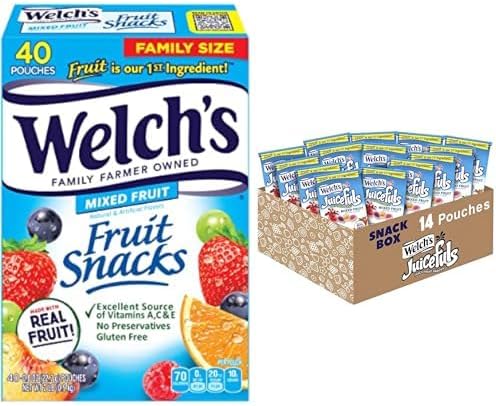 Welch's Fruit Snacks Bundle, Mixed Fruit, Juicy Fruit Gushers & Fruit Snacks, Gluten Free, Bulk Pack, Individual Single Serve Bags, 0.8 oz & 1 oz (Pack of 54)