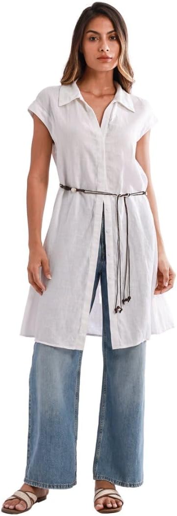 Amazhiyu Women's Pure Linen Cap Sleeve Button Down Shirt Knee Dress with Belt