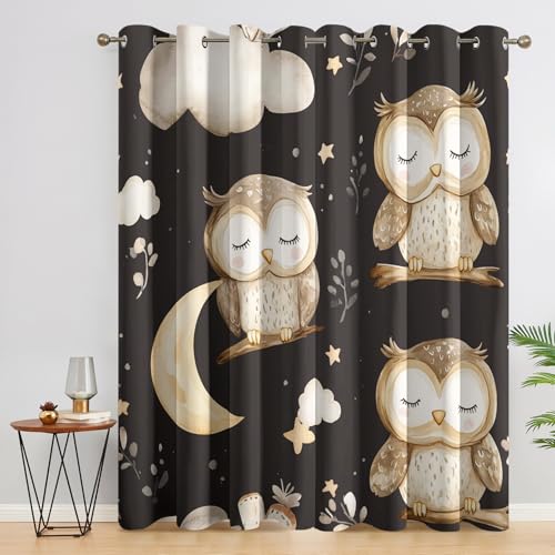 Générique Rideau Occultant Mignon Hibou Lune, 75 x 166(LxH) 2 Pieces, Opaque 95%, Motif Mignon Oiseau Enfant, Rideaux Fenetre Thermiques à Oeillets, Decoration Maison Salon Chambre BHE20