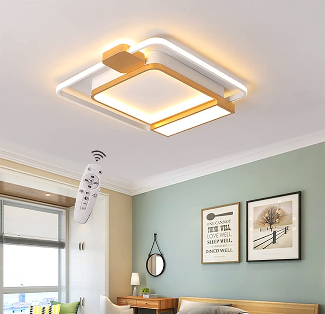 Żyrandol ściemnialny sufitowy LED, lampy sufitowe do sypialni z pilotem nowoczesny szykowny kwadratowy design oświetlenie sufitowe do salonu metalowa akrylowa lampa wewnętrzna opra