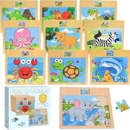 Pack 10 Puzzle Madera, Puzzles Infantiles Niños 3 a 8 Años, Juguetes Educativos, Regalos Cumpleaños Niños, Set de 10 Rompecabezas con Dinvertidos Animales (Pack 10 Puzzles)