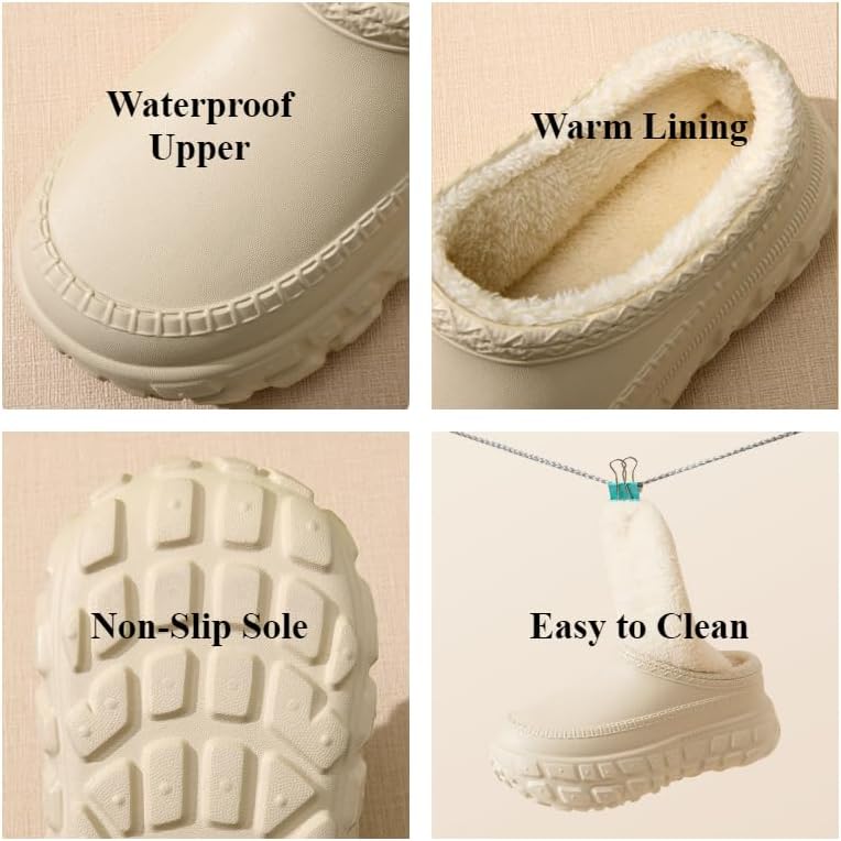 Women's Clogs Work Shoes Fuzz Lined Waterproof Chef Shoes Thick-Soled Casual Style, Warm Work Shoes for Nursing, Food Service, Garden