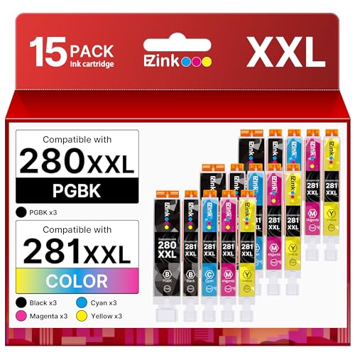 15 Pack 280 281 XXL Ink Cartridges Replacement for Canon 281 Ink Cartridges PGI-280XXL CLI-281XXL to use with Canon TS9521C TR8620a TR8622a TR7520 TR8620 TR8520 TR8600 TR7520 TS702a TS9520 T