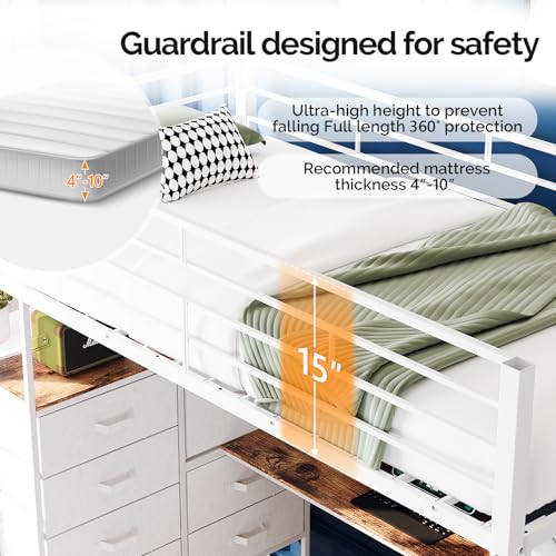 Image of VINGLI Twin Gaming Loft Bed Frame with Desk and Dresser, Metal Single High Sleeper with RGB LED Lights, 2 Built-in Power Outlets, 15 inch Extra-High Guardrails, Space-Saving Design,White