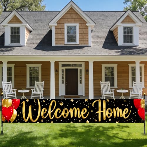 Image of Nuxovilar Welcome Home Banner 118.1x19.6 Inches Polyester | Homecoming Decor Welcome Backdrop gold balloon banner family photo sign hallway patio porch (Gold Red)