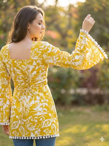 Image of Women's Premium Viscose Rayon Floral Printed Short Kurti | Stylish Bell Sleeves with Pom-Pom Lace | Teal Blue Tunic Top for Jeans & Office Wear