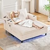 ZIDEY Chaiselongue Schlafsofa 2-Sitzer, Sofa mit LED & USB-C-Port & 2 Kissen & Getränkehaltern, Bettsofa, Für Wohnzimmer & Schlafzimmer, Beige
