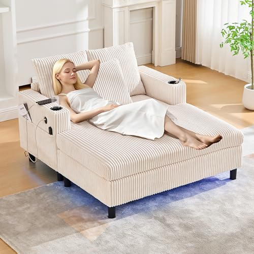 ZIDEY Chaiselongue Schlafsofa 2-Sitzer, Sofa mit LED & USB-C-Port & 2 Kissen & Getränkehaltern, Bettsofa, Für Wohnzimmer & Schlafzimmer, Beige