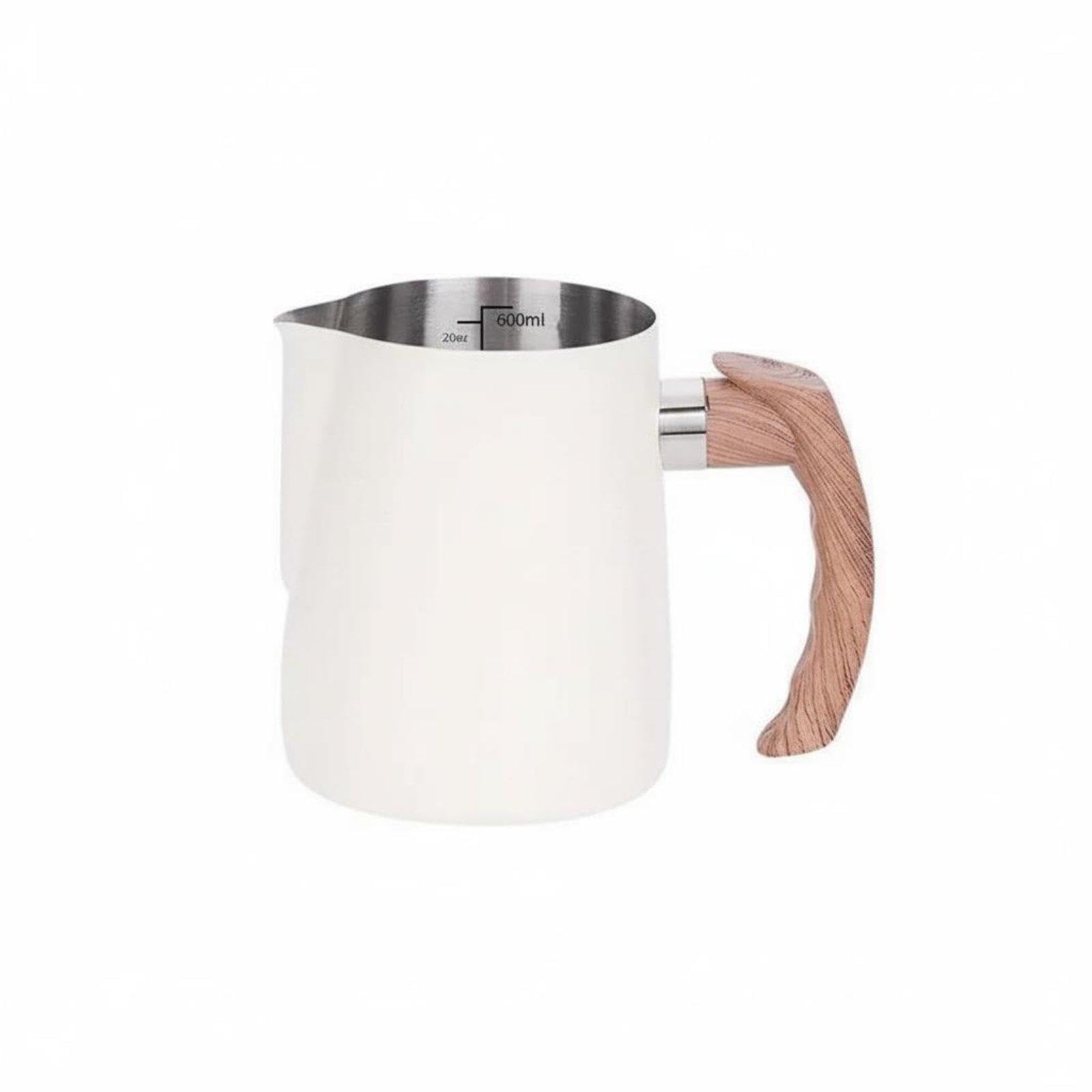 Latte Art Jug with Wooden Handle Internal Measurement Scale Stainless Steel Milk Steaming Pitcher Thickened Body Stainless Steel Steaming Pitcher (White 600ML) â image 1