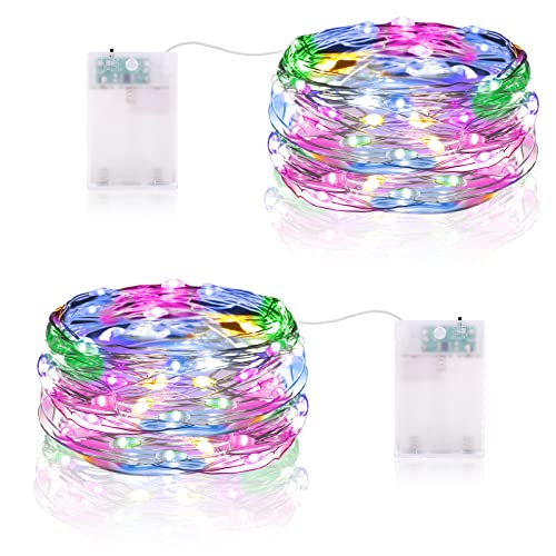 Guirnalda Luces LED, 5M 50 Luces Led con Temporizador Pilas IP65 Impermeable Mini Alambre de Cobre Cadena de Luces para Decoración Interior, Exterior, Bodas, Fiesta de Navidad (2 Piezas, Multicolor)