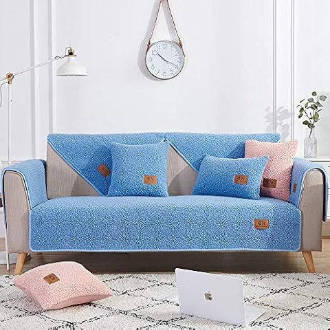 Suuki Winter 1/2/3/4 seater sofa covers, thick plush Sofa Protector, non-slip couch slip cover for leather sofa,living room carpet-blue_90*240cm Cover