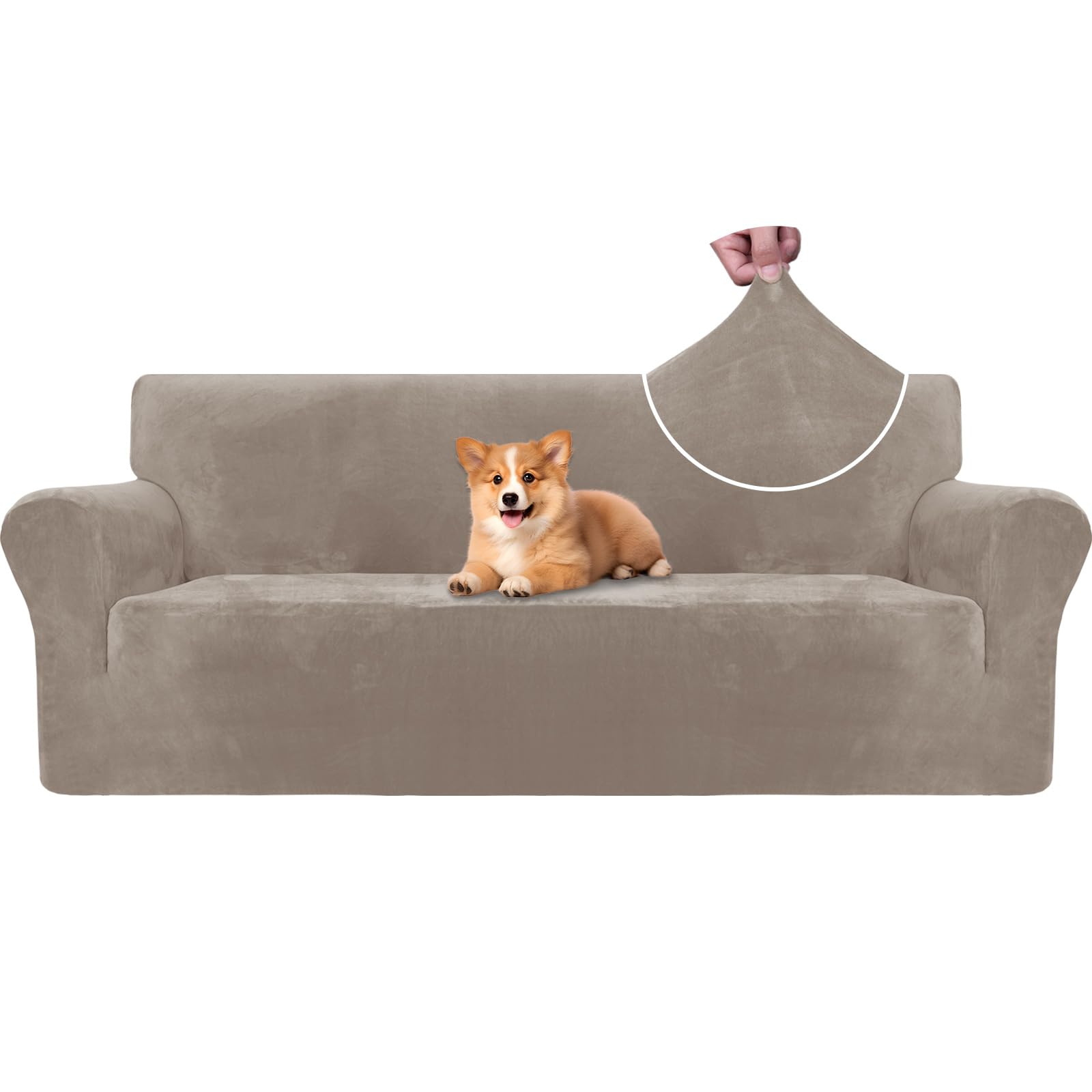 CYCMACO Terciopelo Funda Sofa 3 Plazas Ajustable Y Elastica, Funda De Sofa Antideslizante Antimanchas, Universal Couch Cover Protector, con Reposabrazos, Lavable, Caqui