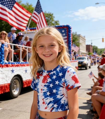 Image of Tkria Girl Crop Tops July 4th Crewneck Tshirt American Flag Patriotic USA Flag Girls Outfit Clothes Size 6-14
