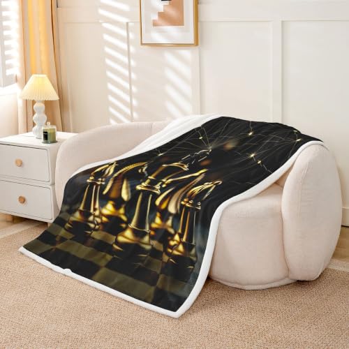 Image of Feelyou Teens Chess Plush Fleece Blanket - Luxury Queen Size Chess Sherpa Throw for Sofa, Bed, Couch - Geometric Abstract Art Golden Room Decor - 50 inchx60 inch