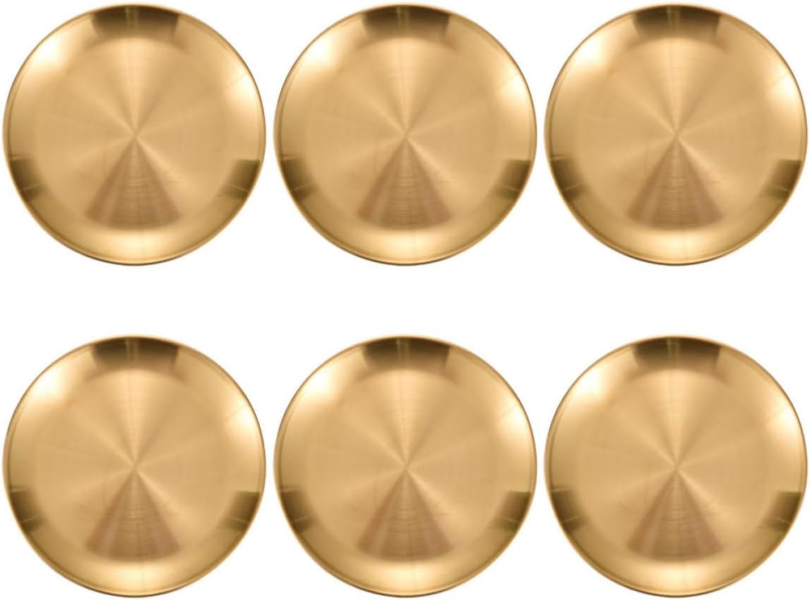 Gadpiparty 6pcs Golden Stainless Steel Plates Set Lightweight round Metal Dishes with Smooth round Edge, Reusable Camping and Party Serving Trays for Adults