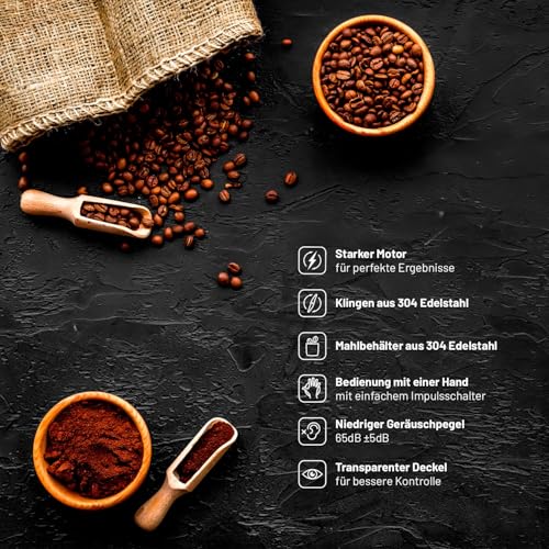 Lauben Grinder 200ST Kaffeemühle Elektrisch, Edelstahlkörper, 200 W, Gewürzmühle, Schlagmesser, Fassungsvermögen 50 g, Vollkupfermotor… – Ansicht 6