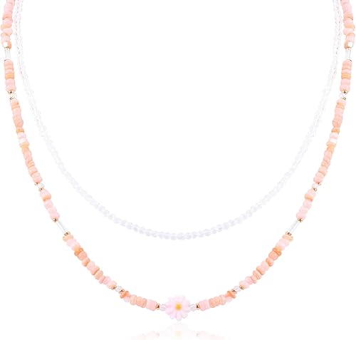 Layered Colorful Beaded Necklace for Women Bohemian Cute Seed Beads Choker Necklace with Dangle Glass Beads Pink Daisy Charm Adjustable Chain