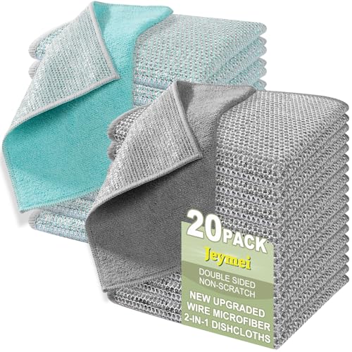 Jeymei 20Counts Multipurpose Wire Dishwashing Rag,Non Scratch Wire Dishcloth,Microfiber Miracle Cleaning Cloth with Mesh,Dual-Sided Steel Mesh Cloth for Pot,Metal Scrubber for Washing Dishes,Grey&Blue