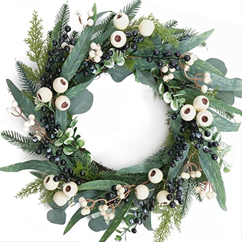 18 Inch Spring Front Door Wreath With White And Blue Berries, Summer Wreath For Home, Eucalyptus Leaves Christmas Home Wreath For Indoor And Outdoor #TOP14