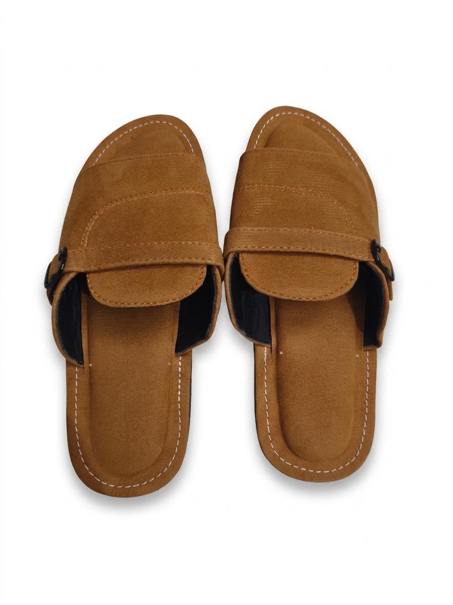Men's Tan Colour Faux Suede Flat Slides | Comfortable Casual Slipper with Adjustable Buckle Strap-picture-14