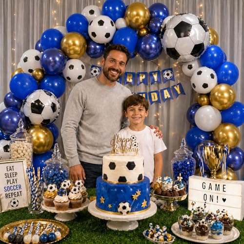 Image of Soccer Balloons, 12 Inch Navy Blue Gold and White Football Theme Balloons with 4D Foil Football Balloon for Boy Kid Soccer Sports Birthday Graduation Baby Shower Party Decorations