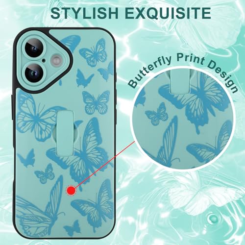 Image of for iPhone 16 Case with Finger Strap Holder, Cute Cool Butterfly Print Pattern Design for Women Men, Shockproof Anti Scratch Hand Kickstand Protective Cover, Green