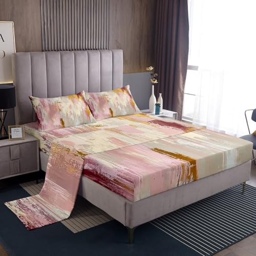 jejeloiu Abstract Art Bed Sheets Set for Kids Boys Girls Twin Size Pink Gold Gradient Fitted Sheet Lightweight Retro Art Bedding Collection Modern Bedding Set