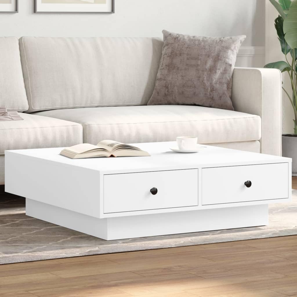 SXZenSpace Coffee Table White 90x90x28 cm Living Room Engineered Wood with Metal Knobs Modern Design 75 kg Load Side for Lounge Bedroom