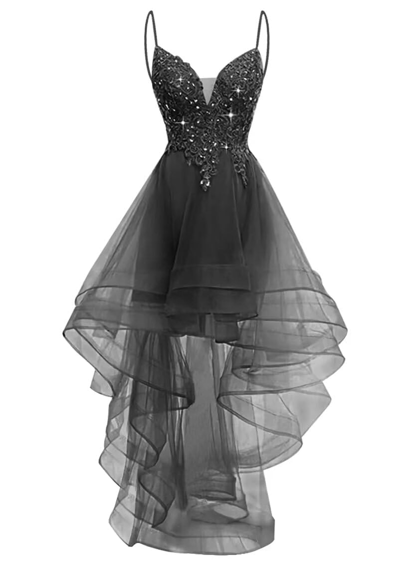Lace Applique Tulle Prom Dresses for Teens Spaghetti Strap V Neck High Low Homecoming Dress Formal Ball Gown