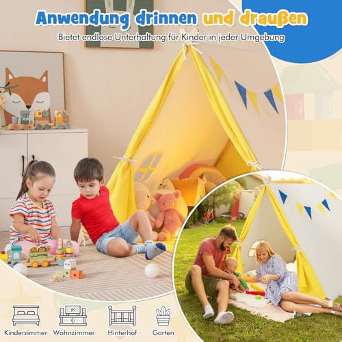 COSTWAY Tipi tent voor kinderen, tipi-kindertent voor binnen, speeltent, katoen en hout met venster en wimpelketting, kindertipitent, speelhuis voor jongens en meisjes, beige - Afbeelding 8