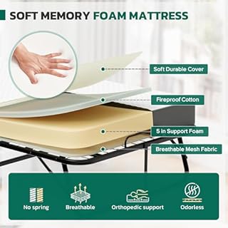 Greenvelly Folding Bed with 5 Inch Mattress, 75” x 38” Portable Rollaway Bed with Memory Mattress and Metal Frame for Adults,Guest, Twin Size,Cot Size